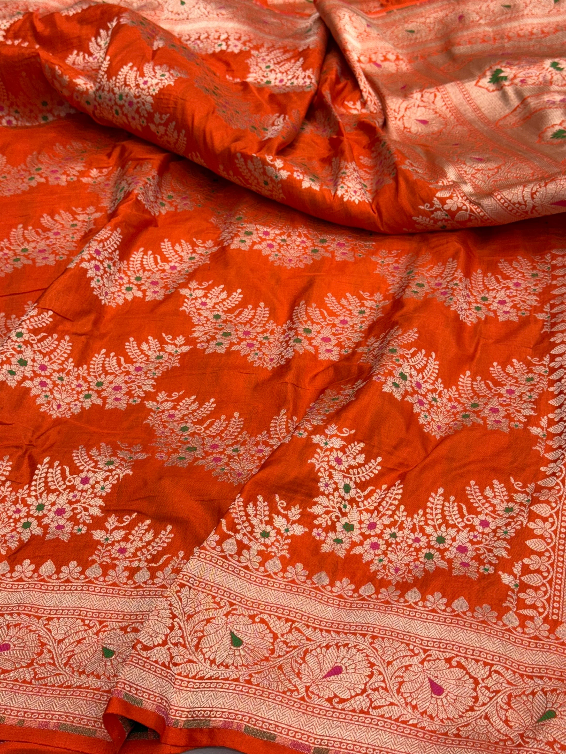 Orange Banarasi Minakari Pure Katan Silk Saree | Pure Silk | Minakari Work | Cutwork Technique | Banarasi Katan Silk Saree