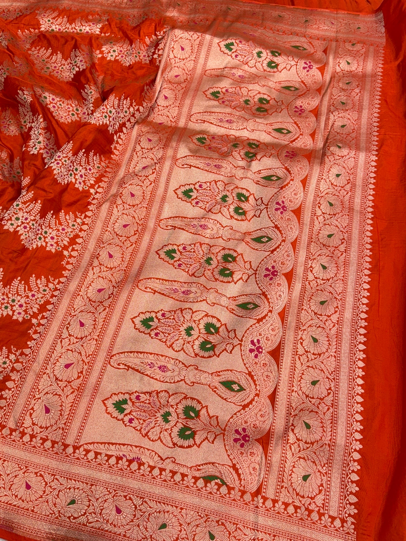Orange Banarasi Minakari Pure Katan Silk Saree | Pure Silk | Minakari Work | Cutwork Technique | Banarasi Katan Silk Saree - Image 2