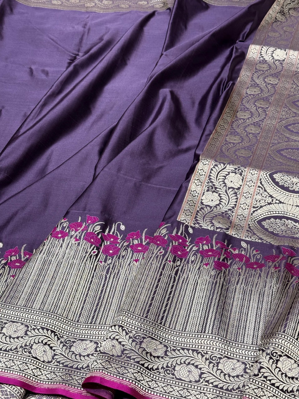 Handwoven Pure Banarasi Satin Silk Saree – Kadwa Weave | 100% Pure Satin Silk | Authentic Banaras Handloom - Image 10