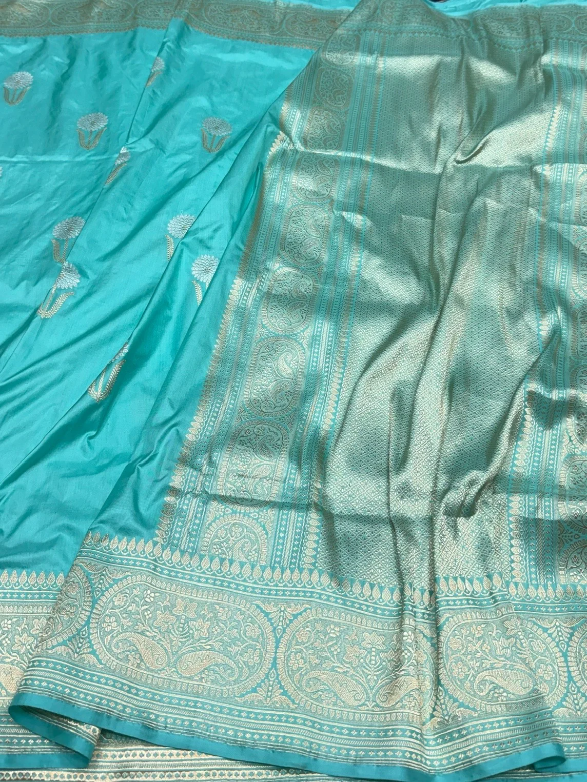 Sea Blue Handwoven Pure Banarasi Silk Saree - Image 3