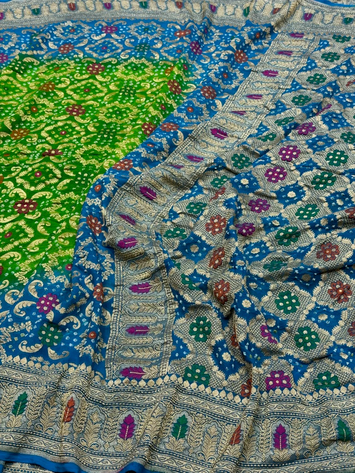 Sky Blue Banarasi Pure Bandhej Georgette Saree – Luxury Cutwork Brocade Festive Saree - Image 3