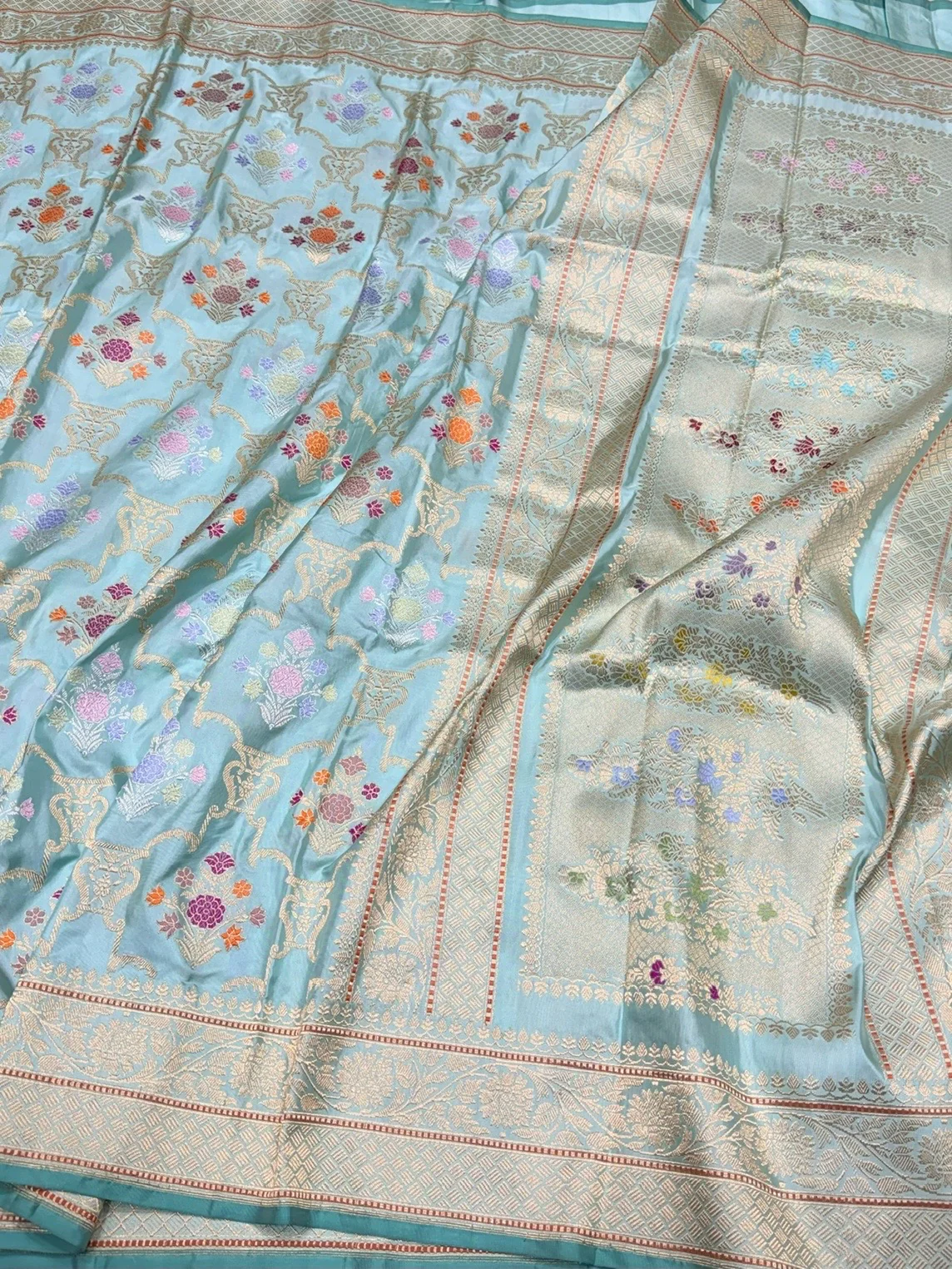 Sky Blue Handwoven Pure Banarasi Silk Saree – Luxury Kadwa Handloom Wedding & Festive Saree - Image 3