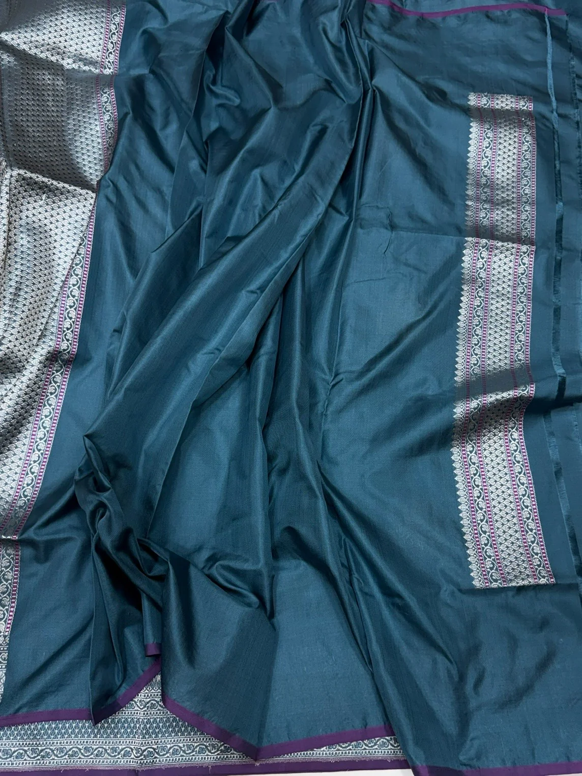 Teal Blue Handwoven Pure Banarasi Ektara Silk Saree - Image 2
