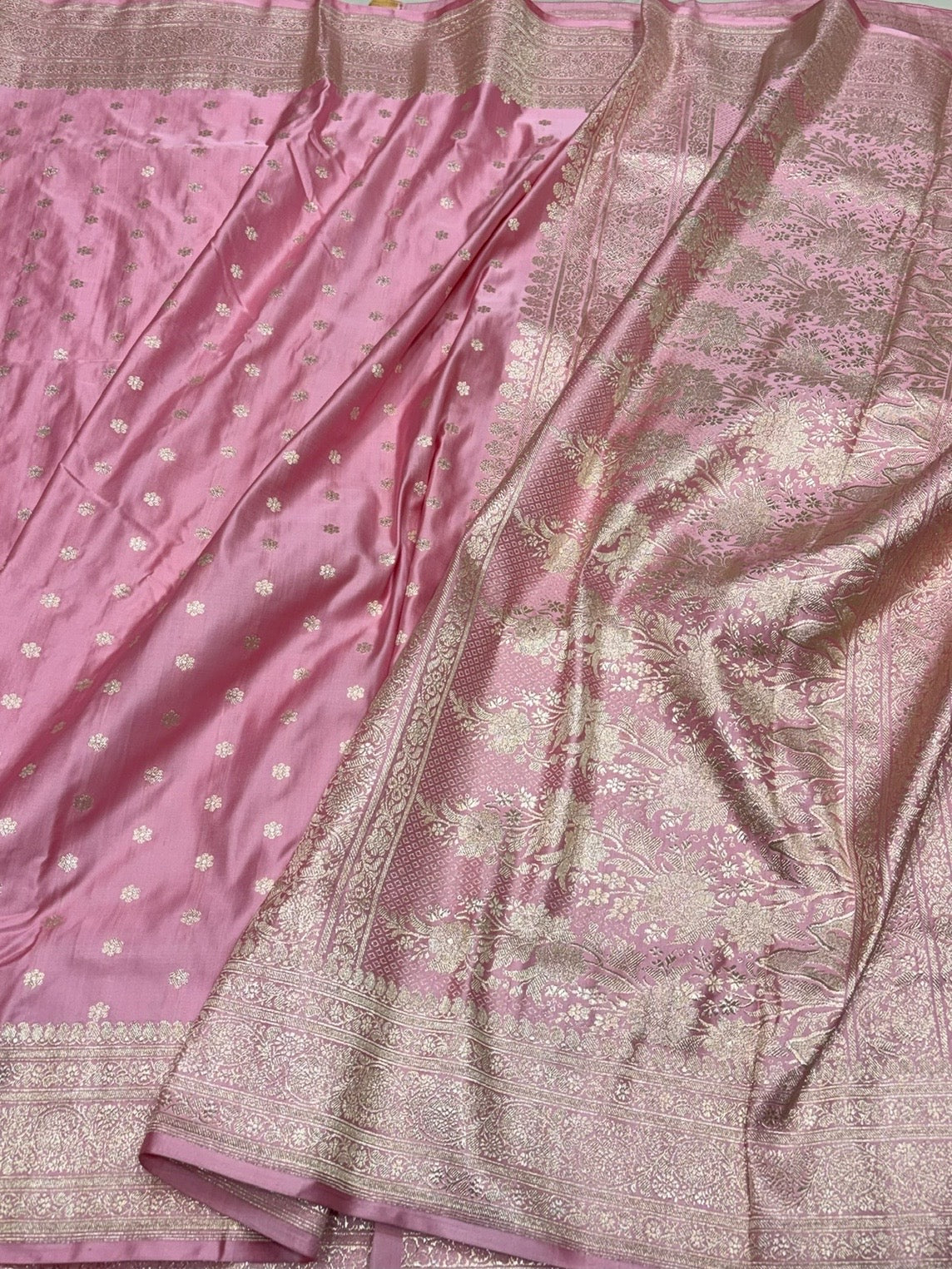Baby Pink Vintage Banarasi Pure Satin Silk Brocade Saree – Luxury Cutwork Wedding & Festive Saree - Image 3